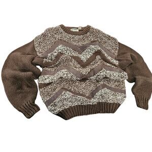 Vintage 90s C.C. Sport Sweater Leather Trim Textured Knit Brown L